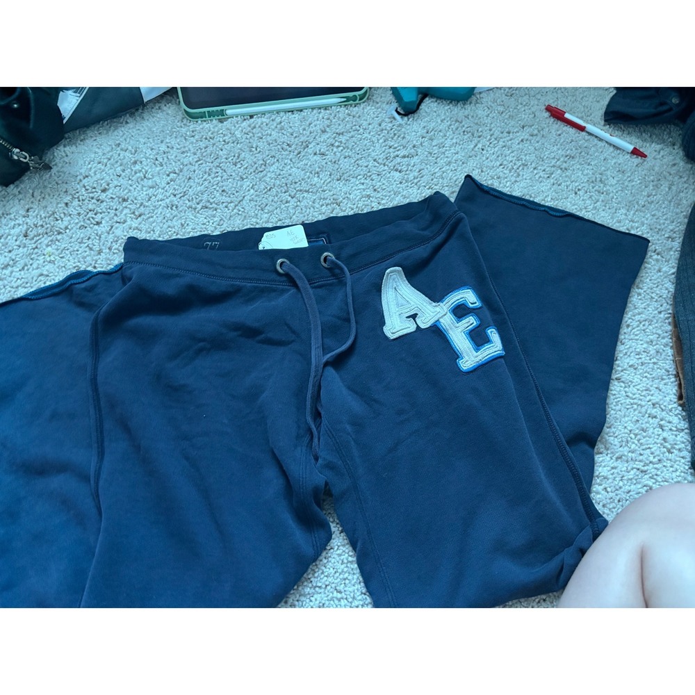 Y2K Vintage Flare Sweatpants American Eagle Navy Blue Wide Leg Raw Hem XL